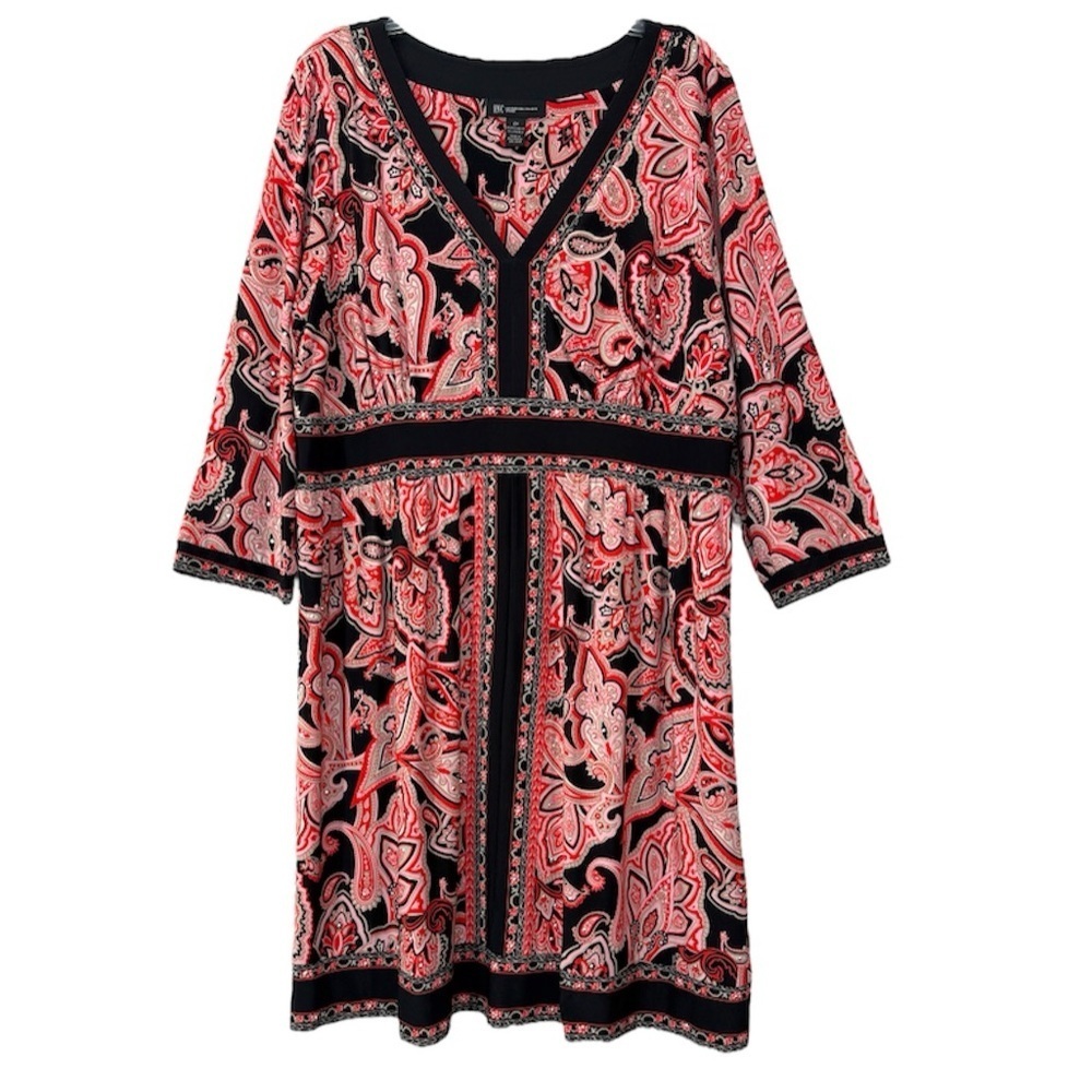 INC  Boho V Neck Embellish Paisley Red Black Festival Dress Size 2X